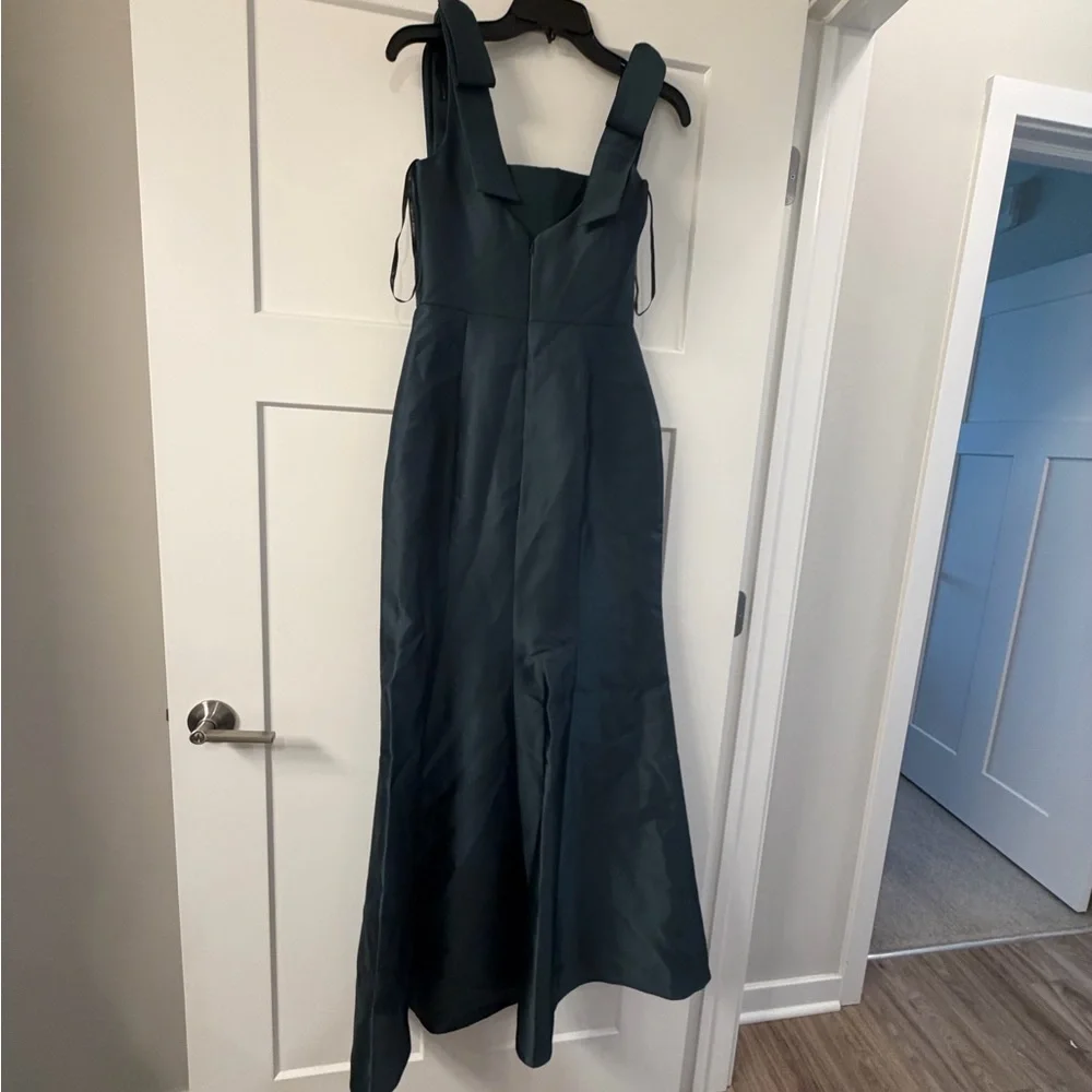New ALFRED SUNG Bow Strap Satin Twill Trumpet Gown in color EverGreen